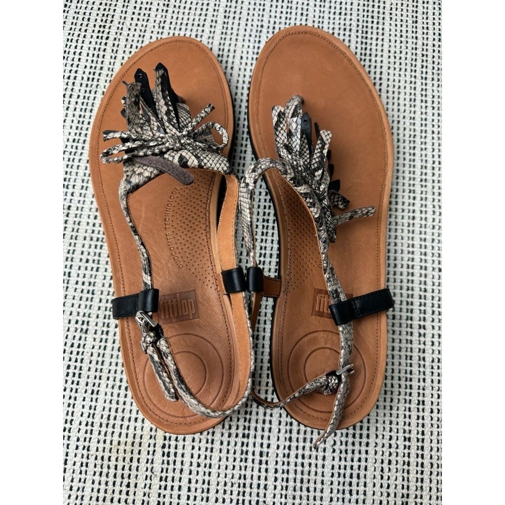 Fitflop Womens 9 Tia Fringe Thong Sandals Snakeskin Taupe Shoes - Picture 5 of 7